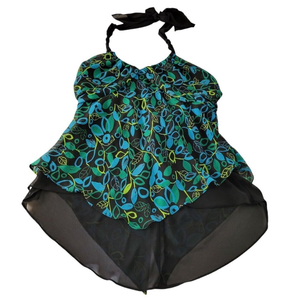 VTG Y2k MIXIT Blouse Womens XL Teal Semi Sheer Halter Flowy Tiered Handkerchief